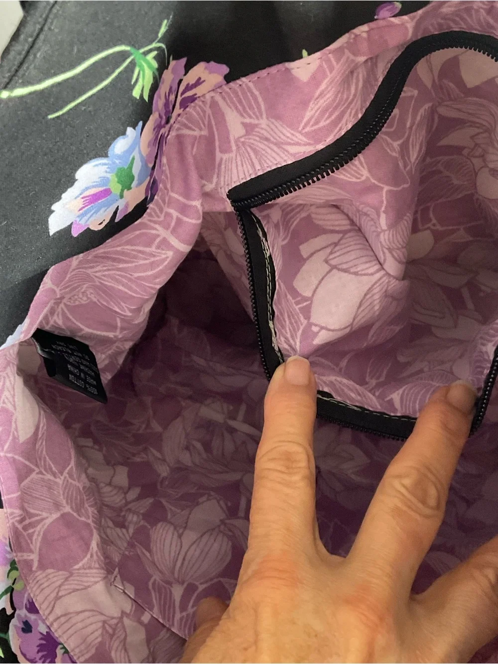 Quilted Floral Tote Bag in Black with Purple Flowers